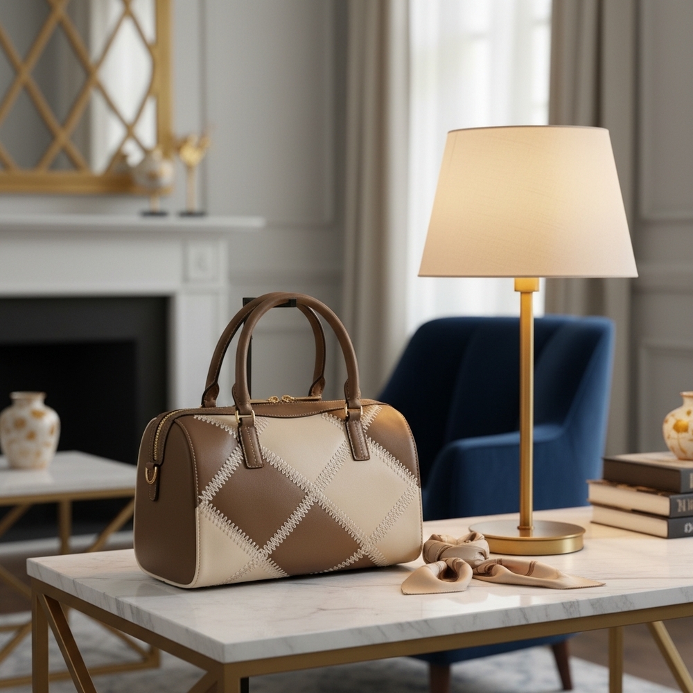Chic Genuine Leather Brown and Cream Handbag